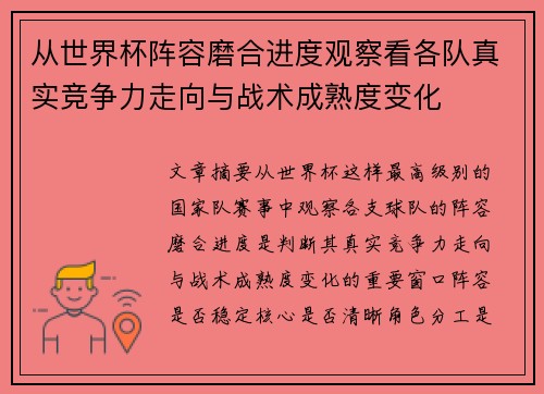 从世界杯阵容磨合进度观察看各队真实竞争力走向与战术成熟度变化